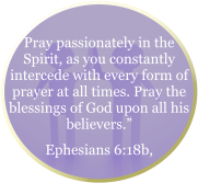 Pray passionately in the Spirit, as you constantly intercede with every form of prayer at all times. Pray the blessings of God upon all his believers.”  Ephesians 6:18b,