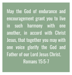 May the God of endurance and encouragement grant you to live in such harmony with one another, in accord with Christ Jesus, that together you may with one voice glorify the God and Father of our Lord Jesus Christ.  Romans 15:5-7