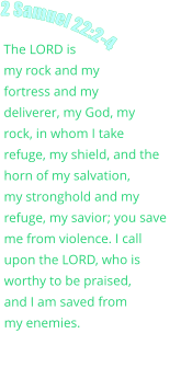 The LORD is my rock and my fortress and my deliverer, my God, my rock, in whom I take refuge, my shield, and the horn of my salvation, my stronghold and my refuge, my savior; you save me from violence. I call upon the LORD, who is worthy to be praised, and I am saved from my enemies.